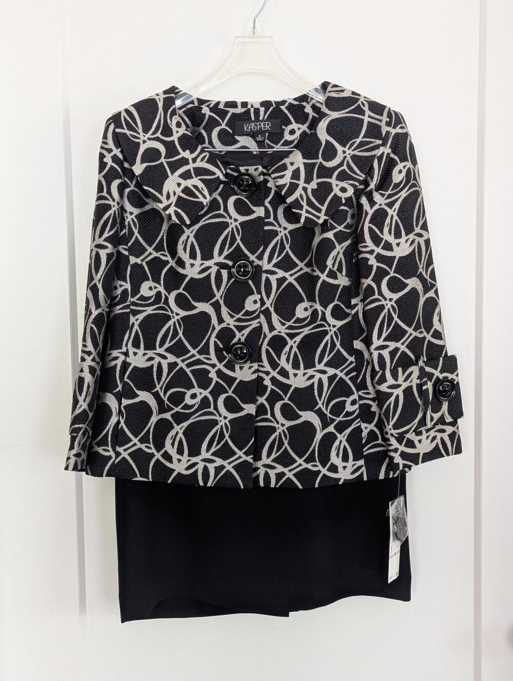 NWT Kasper Skirt Suit 2pc Black White Swirl Blazer & Pencil Skirt Sz6